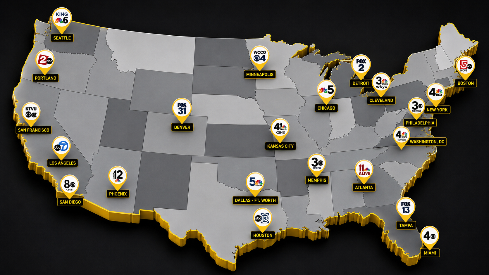 USA map with yellow-pinned station partners across major markets including Seattle, Portland, San Francisco, Los Angeles, San Diego, Phoenix, Denver, Houston, Dallas, Kansas City, Minneapolis, Chicago, Detroit, Cleveland, Memphis, Atlanta, Tampa, Miami, Washington DC, Philadelphia, New York, and Boston