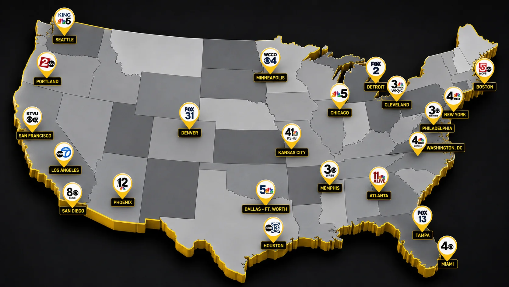 USA map with yellow-pinned station partners across major markets including Seattle, Portland, San Francisco, Los Angeles, San Diego, Phoenix, Denver, Houston, Dallas, Kansas City, Minneapolis, Chicago, Detroit, Cleveland, Memphis, Atlanta, Tampa, Miami, Washington DC, Philadelphia, New York, and Boston